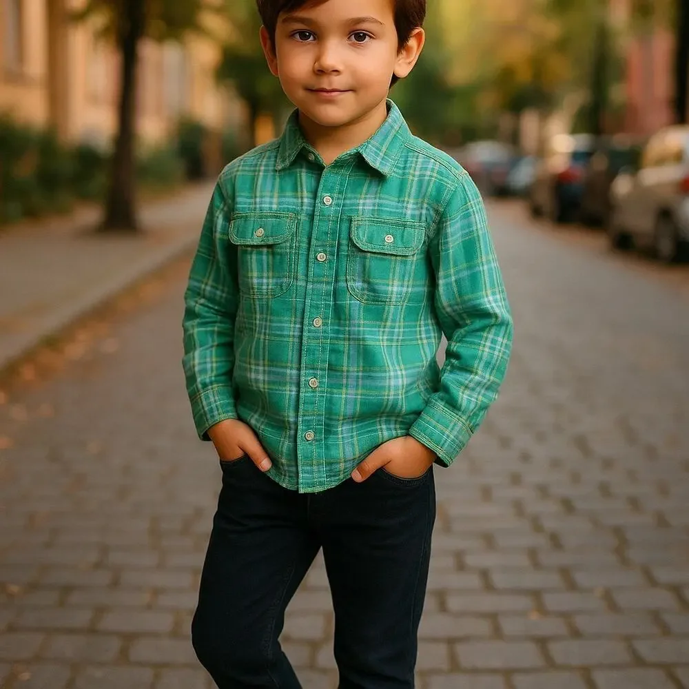 Carter's Boys Shirt Sz 5 Green White Blue Yellow Long Sleeve Plaid‎ Buttons
